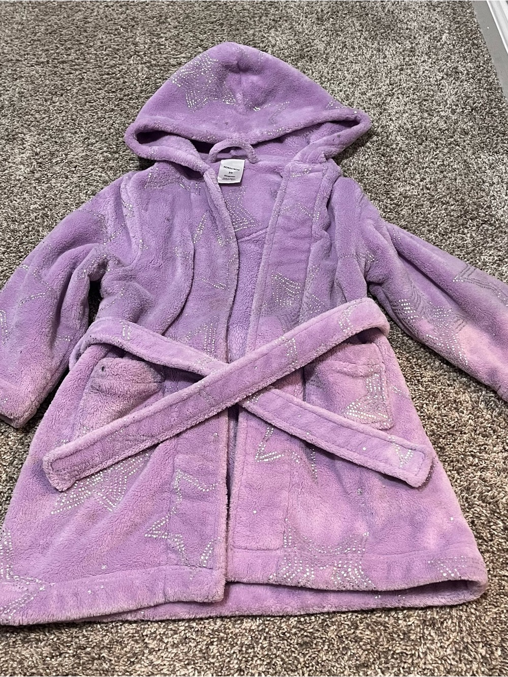 Nordstrom Girls' Lavender Hooded Plush Robe with Sparkling Stars